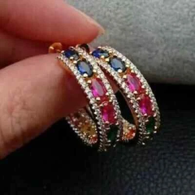 3.50Ct Oval Cut Sapphire Emerald And Ruby Hoop Earrings 14K Yellow Gold Finish - Image 1 of 2
