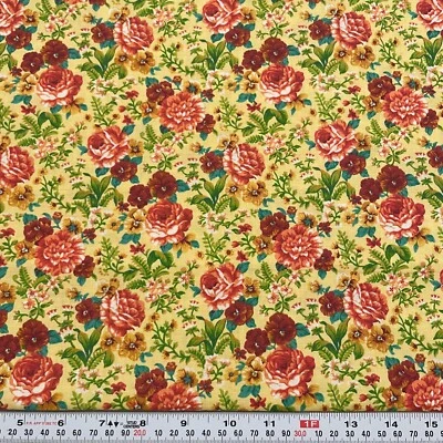 Vintage Kessler for Concord Fabrics Florals on Yellow Cotton Remnant 17" x 43" - Image 1 of 2