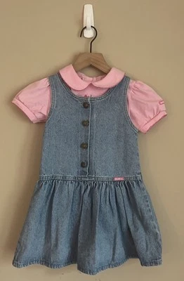 Vintage Jumper OshKosh Girls Osh Kosh Bgosh Dress Denim Pink Top Size 4 5 - Image 1 of 4