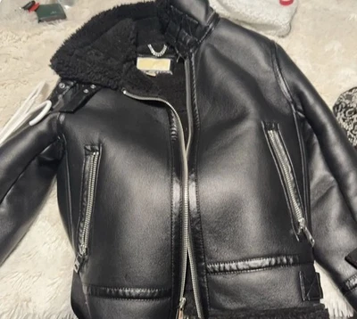 Michael Kors 皮革人造毛皮剪绒飞行员摩托车夹克女式中号 — 第 1/4 张图片