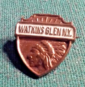 Antique Rare WATKINS GLEN NY Souvenir Shield Lapel Brooch Pin Native Chief Image - Picture 1 of 3
