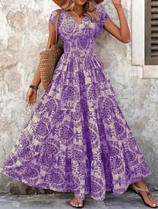 XXL US Size 14 Purple Floral A Line V-Neck Short Sleeve Maxi Dress New Free Ship - Picture 1 of 3