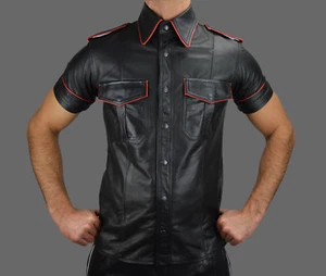 AWANSTAR Neu Lederhemd mit Roten Biesen, Nappa leder Hemd,chemise en cuir Jacke - Picture 1 of 2