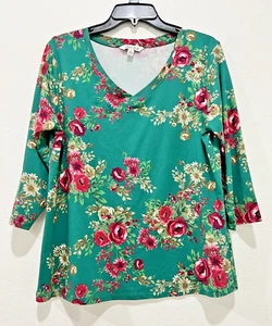 Pioneer Woman Women's Green Floral 3/4 Sleeve V Neck Blouse Western Chic Medium - Picture 1 of 10