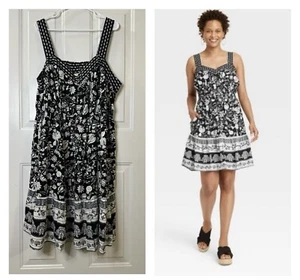 NUEVO CON ETIQUETAS KNOX ROSE Vestido Sin Mangas Botón Completo Frontal Negro Floral Línea A 2x Boho - Imagen 1 de 11