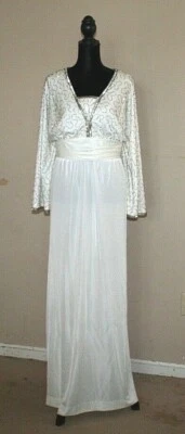 Vintage 60s 70s Jack Bryan Dupuis Maxi Dress Size 14 16 Ivory Silver Beaded - Image 1 of 4