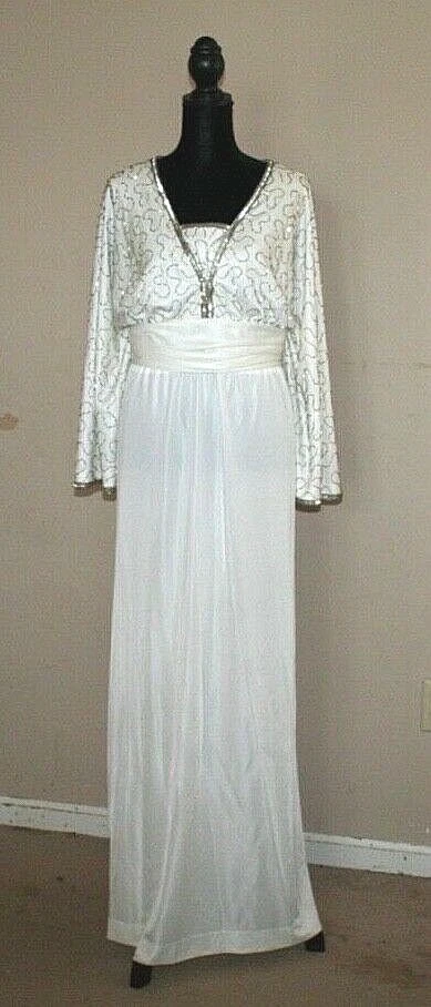 Vintage 60s 70s Jack Bryan Dupuis Maxi Dress Size 14 16 Ivory Silver Beaded - Image 1 of 4