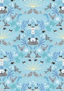0.5 metre Puffin Rock Lighthouse on Light Blue 100% Cotton Fabric 112cm wide - Picture 1 of 2