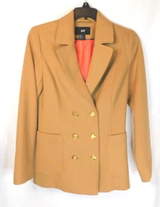 H& M Women's Double Breasted Beige Lined Jacket Pockets & Gold Tone Buttons Sz 2 - Picture 1 of 5