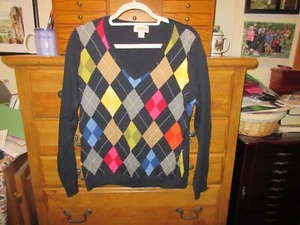 Talbots Womens L V neck Navy & Argyle on Front Pullover Sweater - Picture 1 of 7