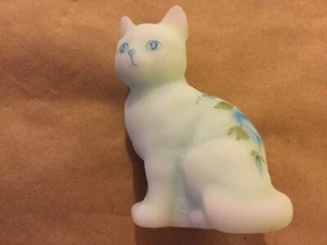 Vintage Rare Blue Fenton Satin Glass Cat Figure Sculpture Painted By AJ Knopp - Picture 1 of 9