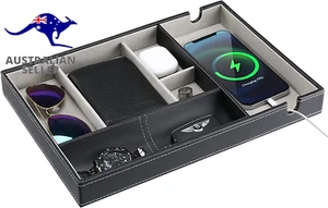 Valet Tray Organizer for Men, PU Leather Nightstand Holder with Large Cellphone - Picture 1 of 13