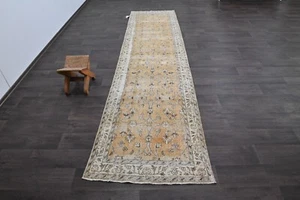 Vintage Türkischer Läufer Teppich 3x11ft Wolle Anatolisch Handarbeit Flur Oushak GELB - Bild 1 von 9