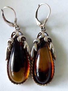 VTG ORNATE ARTISAN AMBER 2'' LONG SILVER 925 TEARDROP DANGLE EARRINGS AND GIFT - Picture 1 of 5