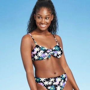 Juniors' Tie-Front Bandeau Bikini Top - Xhilaration Black Floral Print M - Picture 1 of 1