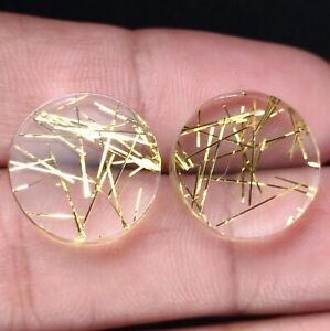 Golden Rutile Quartz Lab Created Both Side Flat Coin Pair Loose Gemstone
