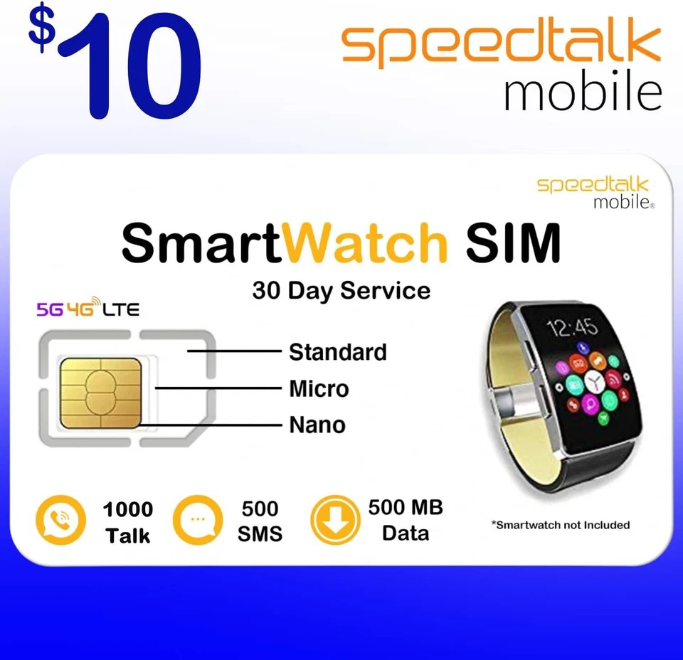 SpeedTalk Kids Smartwatch SIM Card 1000 Minutes 500MB 5G 4G LTE Smart Watch Plan - Image 1 of 4