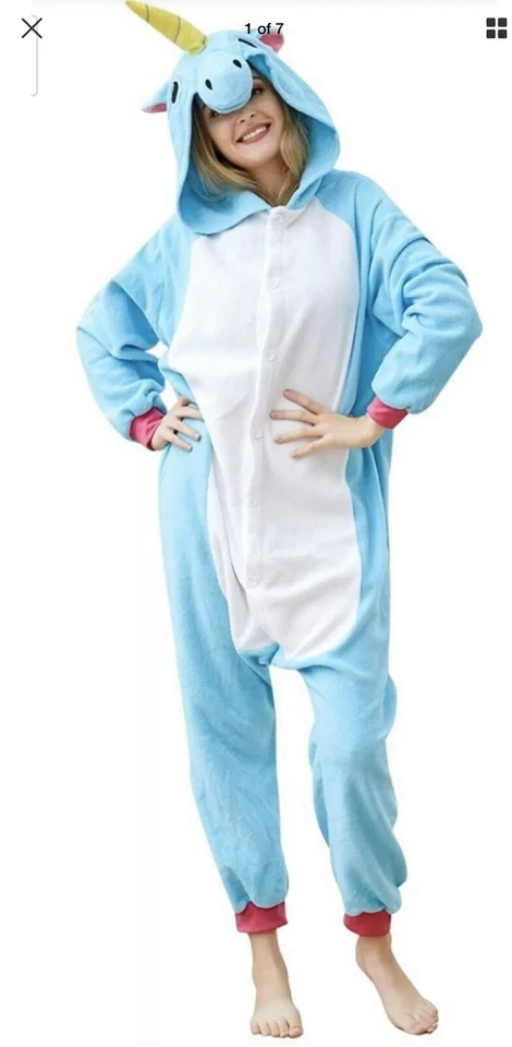 Unicornio Una Pieza Traje Unión Pijama Disfraz Ropa de Salón Azul Rosa Talla Mediana Foto 1 de 4