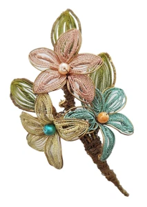PIN Ganutell Vintage SPUN THREAD & WIRE LILY FLOWERS w Faux Pearls 1940s Brooch - Picture 1 of 4