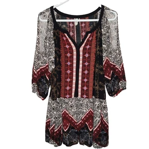 Free People Dress Tunic Womens Medium Red Blk Cold Shoulder Portobello Road Boho - Picture 1 of 17