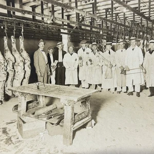 Frühes montiertes Foto Männer Fleischmarkt Metzger Haken Rind Säge hängend - Bild 1 von 7