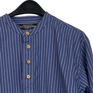 VTG The J Peterman Company Mens XXL Cotton Banded Collar Poet Henley Blue Stripe - Picture 1 of 10