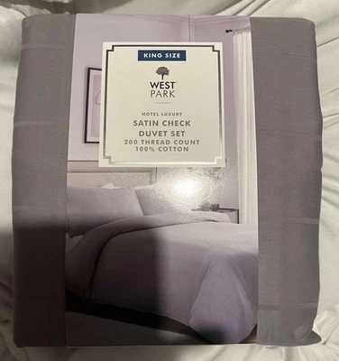WEST PARK 100% COTTON SATIN CHECK 200 THREAD COUNT KING SIZE DUVET SET BRAND NEW - Image 1 of 2