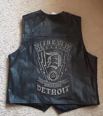 IBEW Local 58 Leather Motorcycle Vest Detroit Michigan MED Embossed 2014 - Image 1 of 4