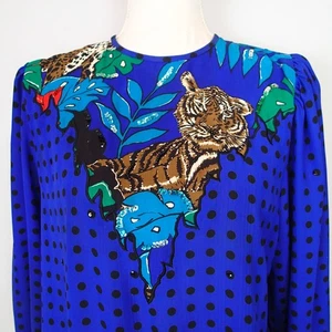 Diane Freis  Vtg Blouse Sz L ? Blue Black  dots Floral Boho Art tiger top shirt - Picture 1 of 21