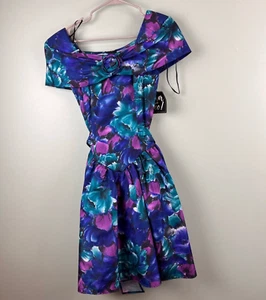 Vintage 80s Off Shoulder Floral Tiered Dress Formal Prom Sz 5 Small Mini Cotton - Picture 1 of 11