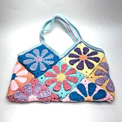 Crochet Retro Daisy Granny Square Shoulder Book Bag Purse Handmade Spring Colors - Image 1 of 4