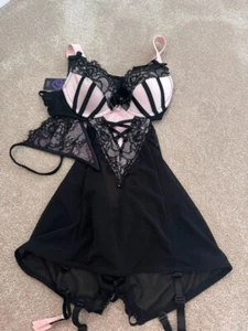 Lovehoney Boudoir Belle Blush Pink & Black Lace Push Up Chemise Suspender Medium - Picture 1 of 6
