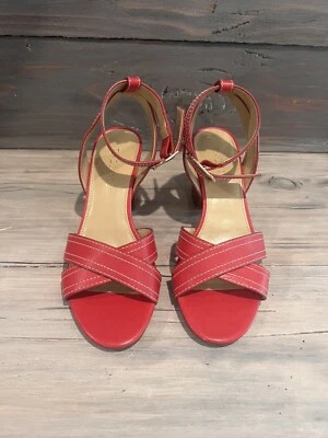 Talbots Open Toe Leather Criss Cross Red Heeled Chunky Slingback Sandals Size 7 - Image 1 of 4