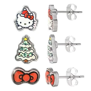 HELLO KITTY 3pc SET Christmas Silver-tone Enamel Stud Earrings**NEW! - Picture 1 of 5
