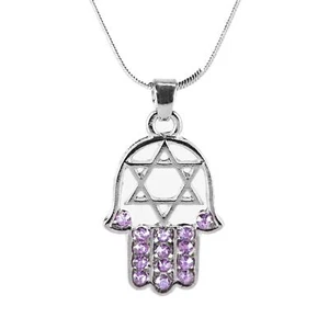 Purple HAMSA "Star of David" Necklace Crystals silver Tone Amulet Pendant Jewish - Picture 1 of 12