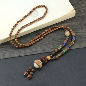 Collana Ciondolo Gioielli Etnici Festa Buddista Mala Legno Perline Corno Pesce Nepal - Foto 1 di 2