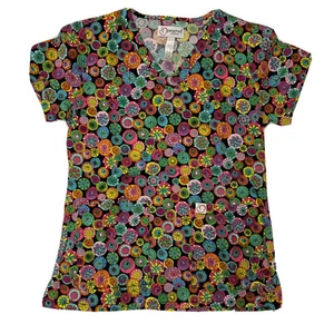 Peaches Mod Retro Multi Color Scrub Top XS 100% Cotton V Neck Pockets - Picture 1 of 11