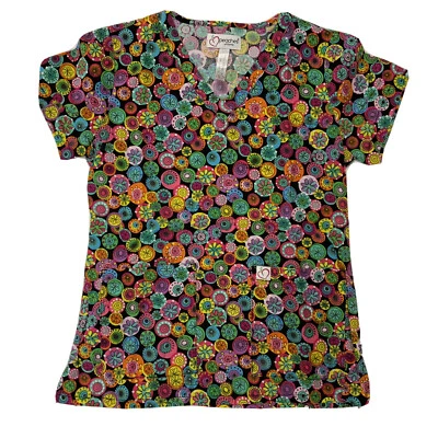 Peaches Mod Retro Multi Color Scrub Top XS 100% Cotton V Neck Pockets - Image 1 of 4