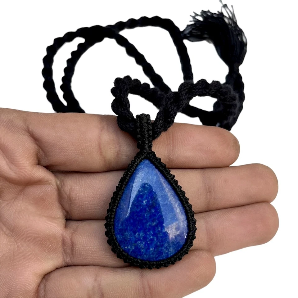 Lapis Lazuli Thread Necklace Macrame Pendant Teardrop Lapis Gemstone Necklace - Image 1 of 2