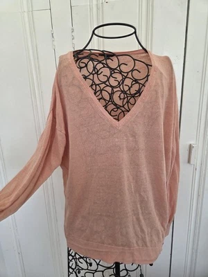 J Crew large peach cozy Fresh Melon Linen Blend V Neck Sweater cottagecore  - Image 1 of 4