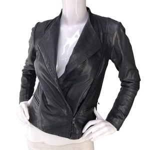 Chaqueta Halógena Mujer XXS Petite Cuero Moto Negra Cremallera Asimétrica - Imagen 1 de 14