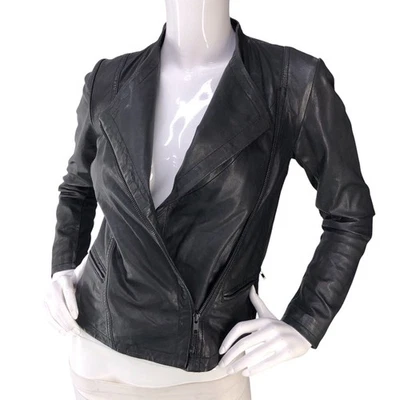 Chaqueta Halógena Mujer XXS Petite Cuero Moto Negra Cremallera Asimétrica Foto 1 de 4