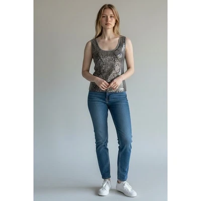 Blusa sin mangas con estampado de piel de serpiente y lentejuelas tribales gris S Foto 1 de 4