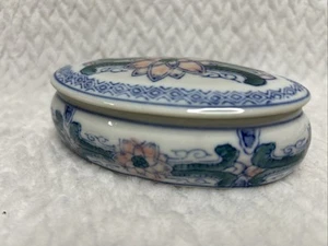 Portagioie ovale porcellana fiori di loto rosa dipinto a mano cinese vintage - Foto 1 di 4
