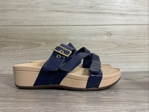 Vionic Sandals Womens 6 Wide Rio Lizard Slide Navy Buckle Casual Wedge Heels - Picture 1 of 10