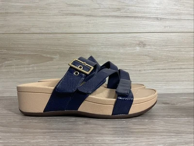 Vionic Sandals Womens 6 Wide Rio Lizard Slide Navy Buckle Casual Wedge Heels - Image 1 of 4