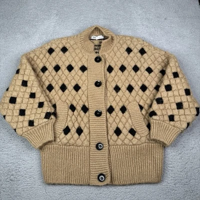 Zara Quilted Knit Cardigan Womens M Camel Diamond Pattern Button Sweater Jacket - Image 1 of 4