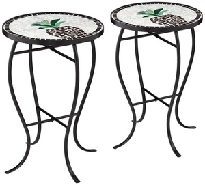 Modern Black Outdoor Accent Tables 14" Wide Set of 2 Beige Mosaic Porch Patio - Picture 1 of 8