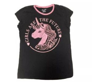 Children’s Place T Shirt Size 10/ 12 Girls Are The Future Black & Pink Unicorn - Picture 1 of 4