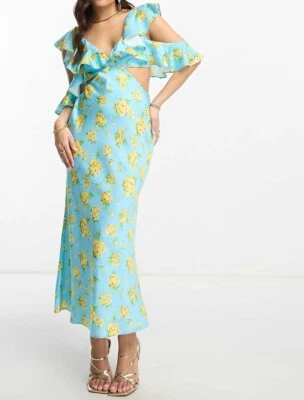 Vestido Midaxi Pequeño Satén con Mangas Multi Flutter en Estampado Floral Azul. Reino Unido 12 Foto 1 de 4